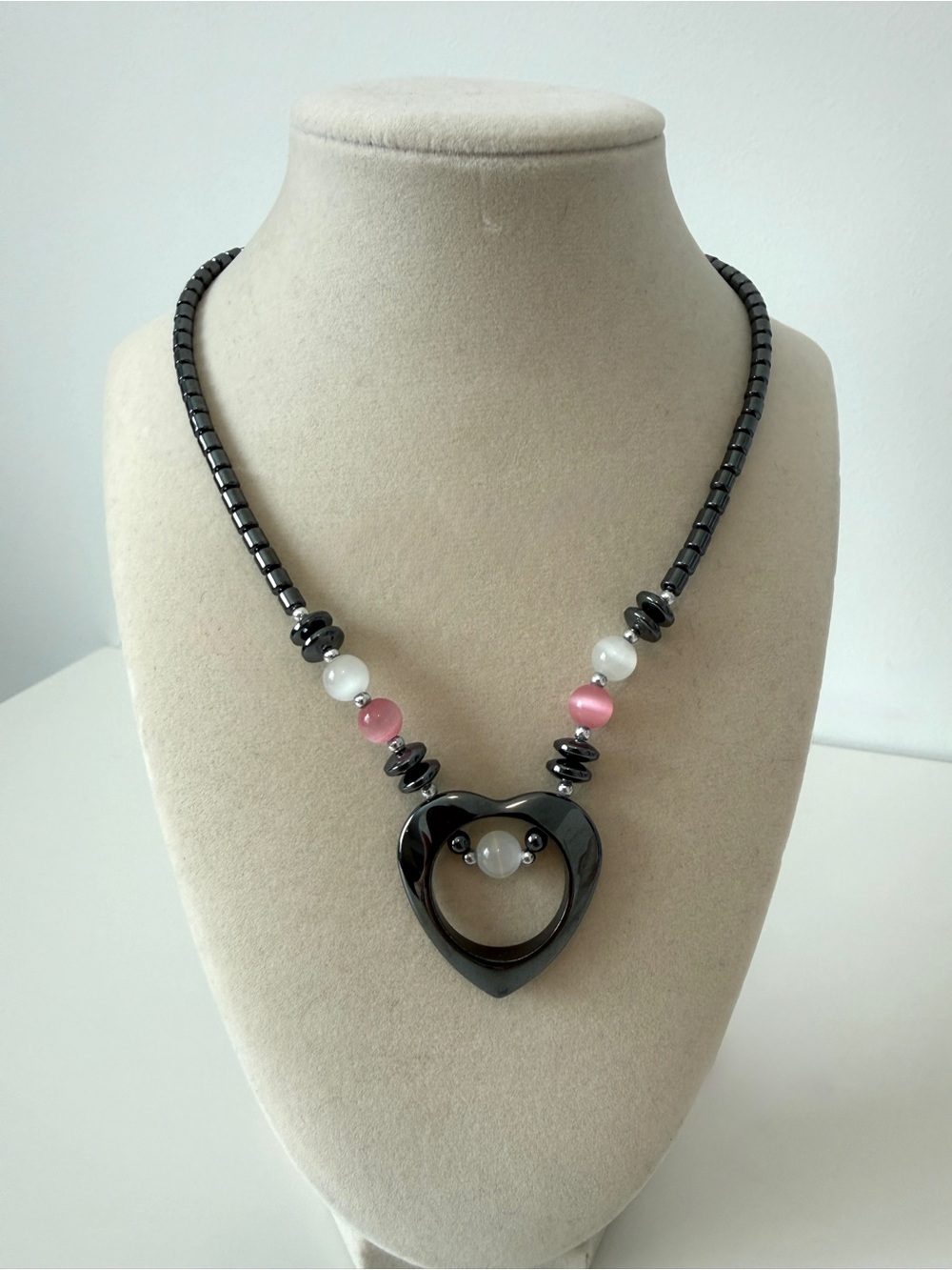Black Heart Pendant Necklace with Pink and White Beads